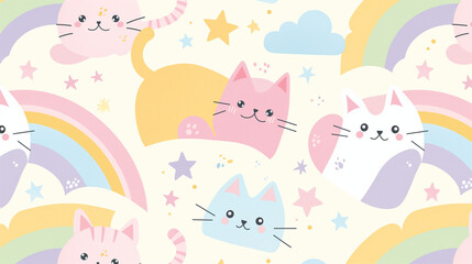 Cute Cats and Rainbows Pattern Cheerful Cartoon Background