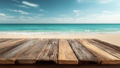 Fototapeta premium Wooden beach deck, tranquil ocean