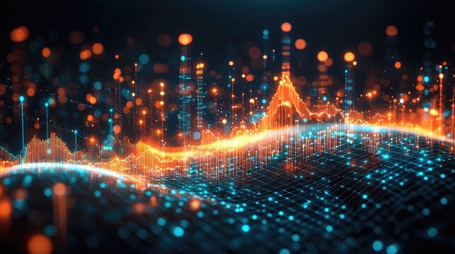 Dynamic data visualization with glowing orange cyan charts, bar graphs, trend lines and bokeh lights on grid backdrop for financial reports, AI analytics, and blockchain presentations