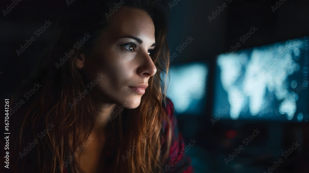 Poster woman hacker analyzing a digital map on a multi monitor setup