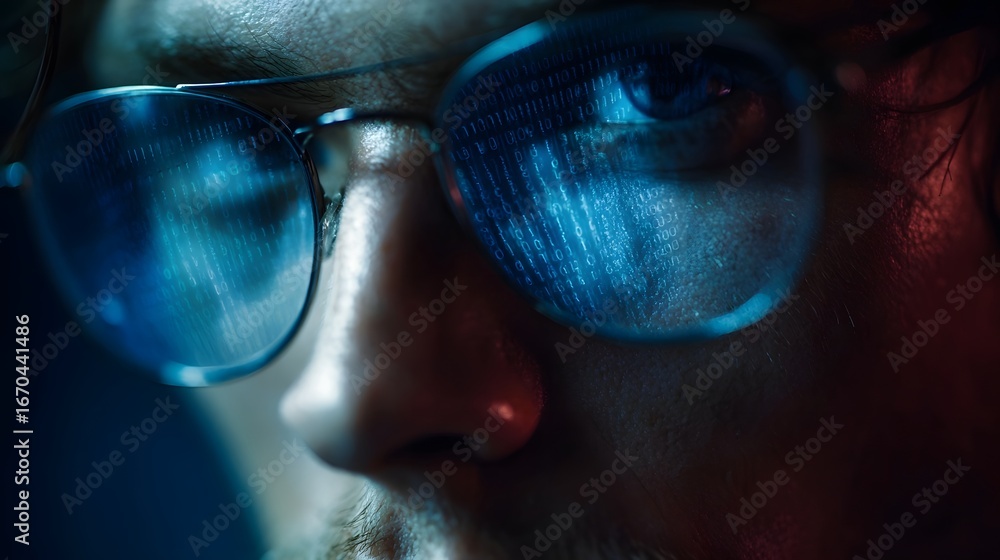 Poster intense close up of a face with binary code reflected in glasses hinting at a deep cybersecurity sce