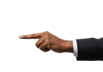 A well-groomed dark-skinned adult hand with index finger pointing up and other fingers curled, isolated on a transparent background with subtle bokeh, high-key lighting, leadership concept