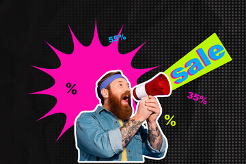 Artwork sketch banner full 3d collage of happy guy scream megaphone announce percentage consumerism...
