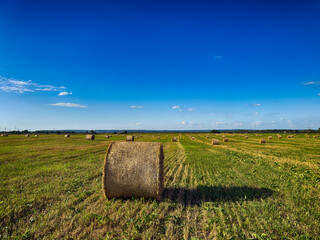 Hay bales on a sunny field with clouds in the sky. Summer rural landscape with hay rolls and blue...