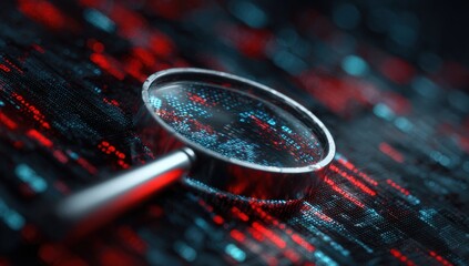 Magnifying glass over a digital code matrix