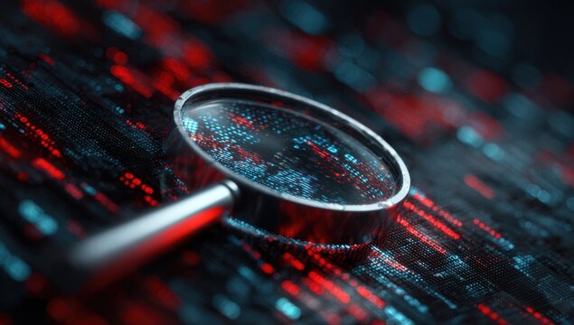 Magnifying glass over a digital code matrix - Powered by Adobe