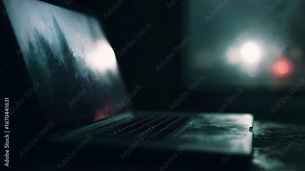 Poster dark laptop screen displaying a digital interface in a moody dimly lit environment