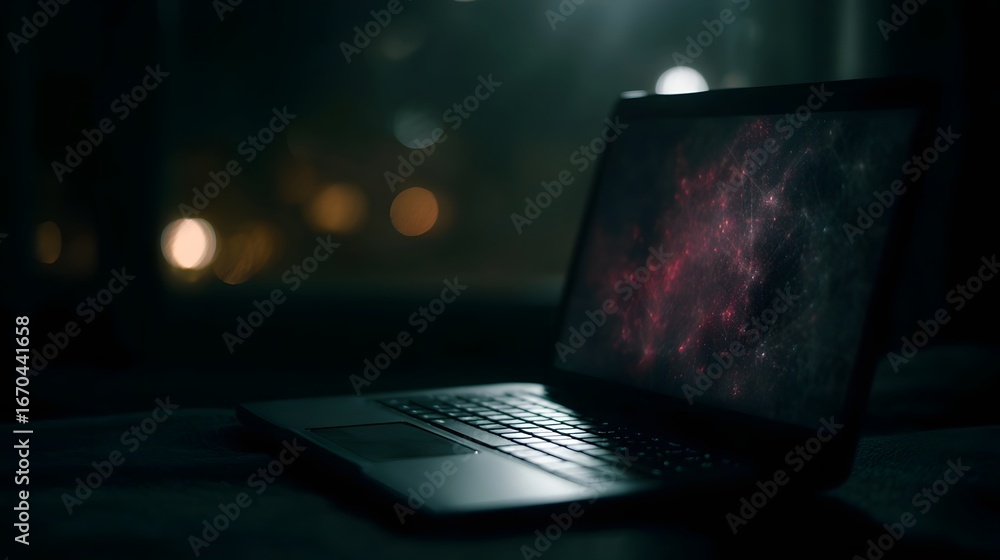 Aufkleber laptop screen displaying a dark web interface in a moody atmospheric setting