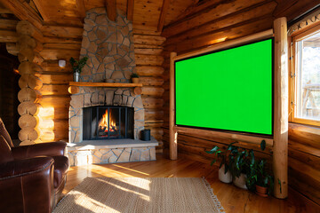 Cozy log cabin interior with fireplace and green screen TV.