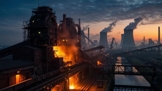 Spectacular Sunset Over a Massive Industrial Complex: Steel Mill with Glowing Furnaces, Smoking Chimneys, and Power Plant Cooling Towers