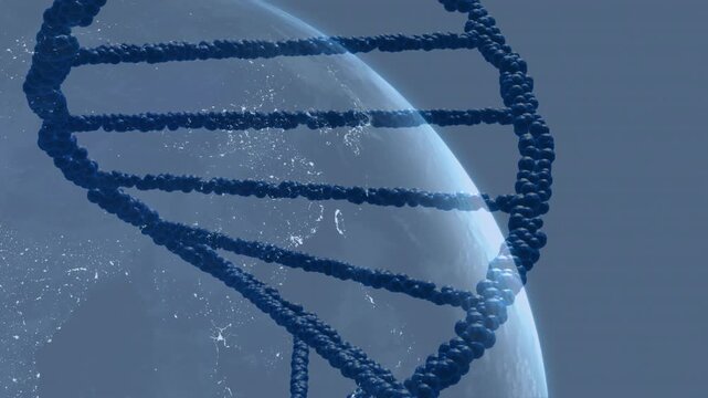 Starting 3D render DNA helix rotating panning planet horizon lit by city lights revealing structure