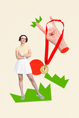 Art sketch 3d image banner collage of happy sportswoman stand hand hold golden medal first place...
