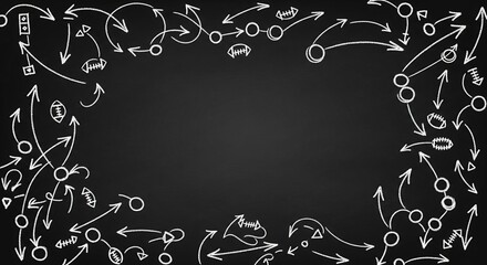 A detailed sports strategy diagram, resembling a playbook, meticulously drawn on a chalkboard with ample negative space for text.
