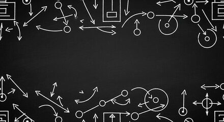 Dynamic white chalk diagrams on a dark chalkboard illustrate sports strategies, game plans, and coaching, providing central copy space.