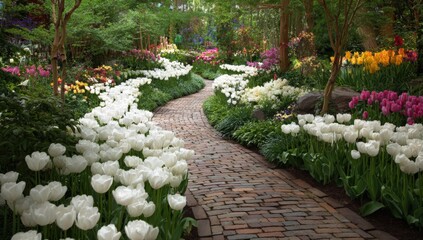 A colorful springtime garden path lined with tulips