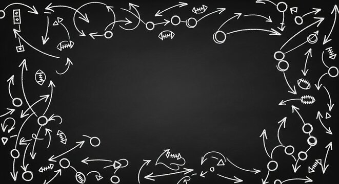 A detailed sports strategy diagram, resembling a playbook, meticulously drawn on a chalkboard with ample negative space for text.
