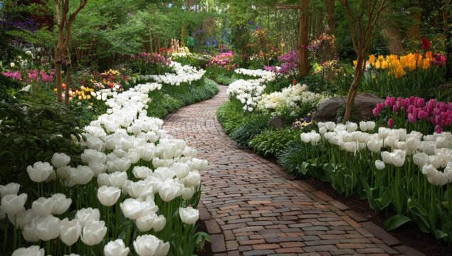 A colorful springtime garden path lined with tulips - Powered by Adobe