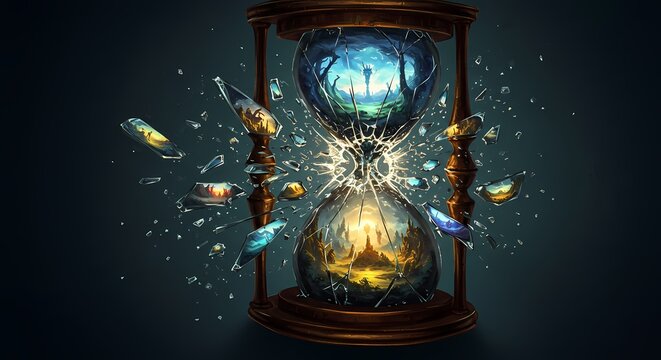 Ancient Hourglass Shattering into Alternate Timelines: A Surreal Fantasy Concept of Time and Reality