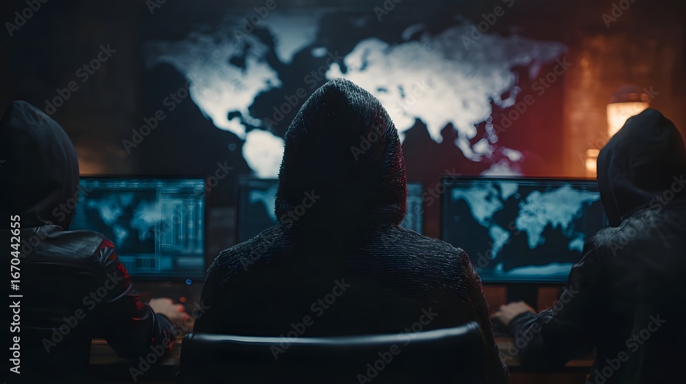 Poster hacker team coordinating a global ope n from a hidden bunker surrounded by monitors and maps