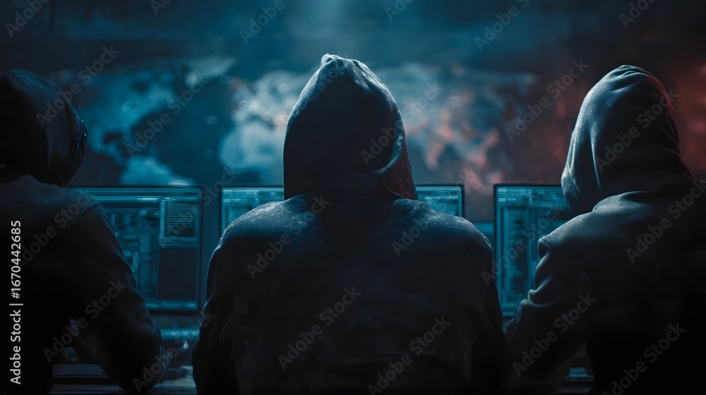 Aufkleber hacker team operating in a hidden bunker surrounded by monitors and maps
