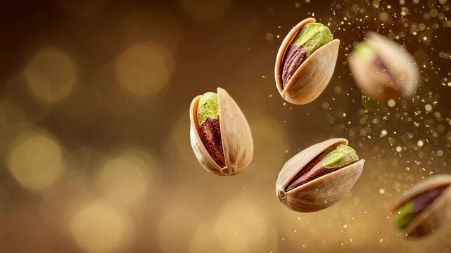 Flying pistachio elements product photography vibrant floating nut with shell and green kernel captured motion and showing shelled nut with warm