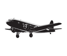 Vintage propeller airplane black and white vector EPS illustration