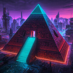 Ancient pyramid temple with neon lights in futuristic city at dusk Egypt