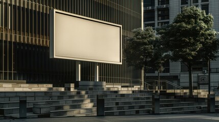 Obraz premium Blank Outdoor Billboard on Modern Urban Building with Trees in City Center