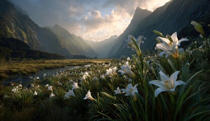 Mountain valley filled with white lilies at sunset