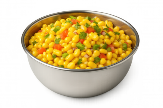 Corn chat: vibrant street food featuring steamed kernels mixed with diced onions, tomatoes, green chilies, fresh coriander, and zesty spices in traditional serving bowl