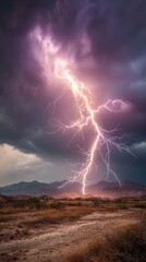 Spectacular lightning bolt strikes the desert landscape during a powerful thunderstorm