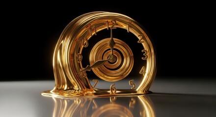 Golden Melting Clock Surreal Art with Dripping Effect on Black Background