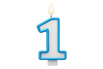 Number one birthday candle burning on transparent background