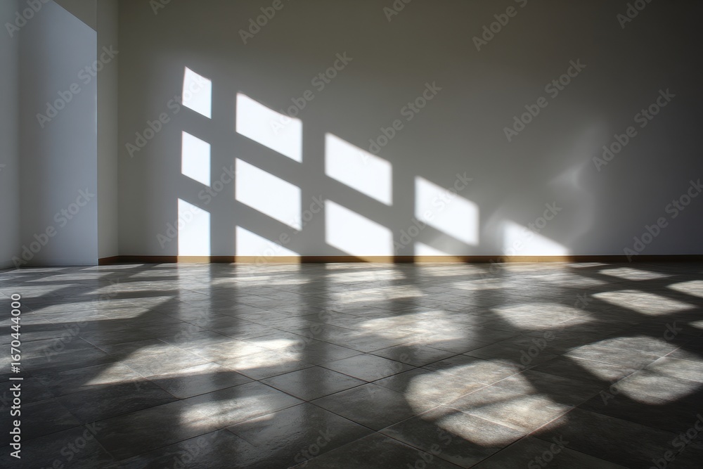 Poster sunlight streaming through grid, creating pattern of light and shadow in empty room