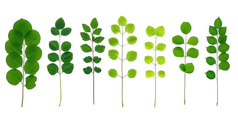 Collection of Six Different Green Leafy Plant Stems on Black leaves plants isolated on a transparent background