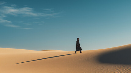 Lone traveler walking across desert dunes under clear blue sky, minimalistic landscape with long shadow and golden sand textures.