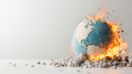 a globe, fragmented with wildfire flames in double exposure, stark global warming message, isolated on white background