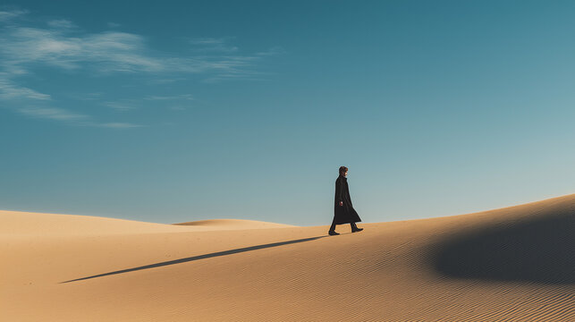 Lone traveler walking across desert dunes under clear blue sky, minimalistic landscape with long shadow and golden sand textures.