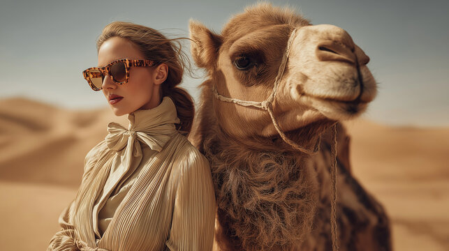 Fashion portrait of elegant woman in sunglasses standing beside a camel in desert dunes, luxury travel and exotic lifestyle concept.