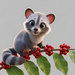 A cartoon coati sitting on a coffee plant branch.