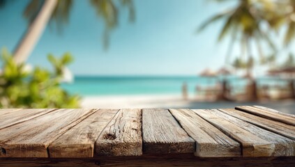 Wooden table top with blurred tropical beach background