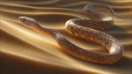 Fototapeta premium Close-up of a desert snake crawling on golden sand dunes. Detailed scales and natural lighting create a realistic wildlife scene in arid environment.