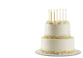 Meticulously crafted two-tiered cake with white frosting, metallic sprinkles, and lit candles, on a bright white seamless studio background, corporate achievement concept