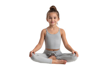 Smiling girl in a yoga pose, looking at the camera, promoting relaxation and healthy lifestyle