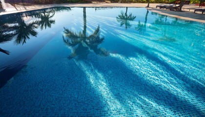 beautiful sunlight reflections on a swimming pool with palm tree shadows by the edge
