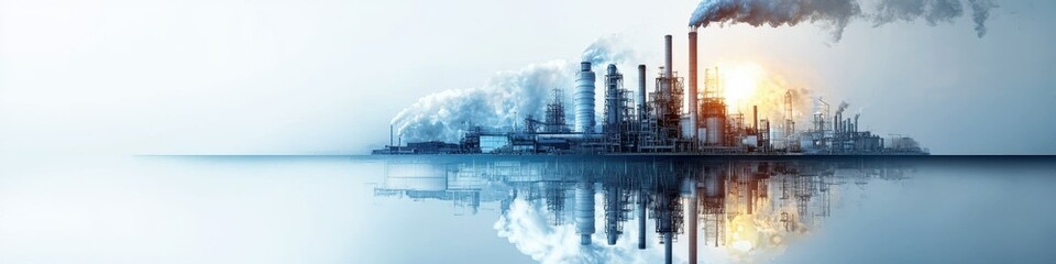 Obraz premium a polar ice cap, splitting into factory landscapes in double exposure, realistic commentary, isolated on white background