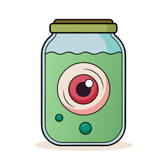 Illustration of a spooky eyeball inside a glass jar on a white background