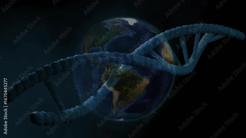 Poster with globe rotating blue dna helix emerging right curving and rotating to illustrate gene structure
