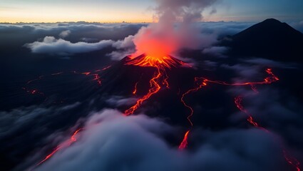 Fototapeta premium Dramatic volcanic eruption at twilight with molten lava rivers