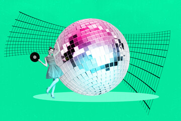 Creative composite sketch artwork collage of young lady dance smile discoball hand hold vinyl...